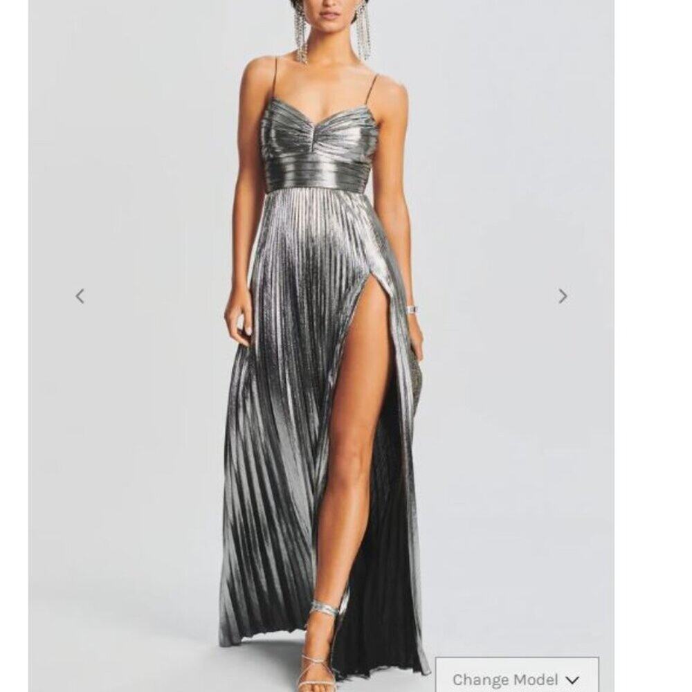 New Retrofete Cherith Dress Pleated Metallic Gown Silver Gunmetal Slit Dress L